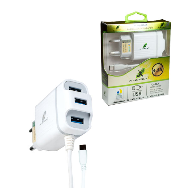 Carreg. Tomada 3 Usb 3.0 4.1a C/ Cabo Type-c (blister) Mod.xc-ur23